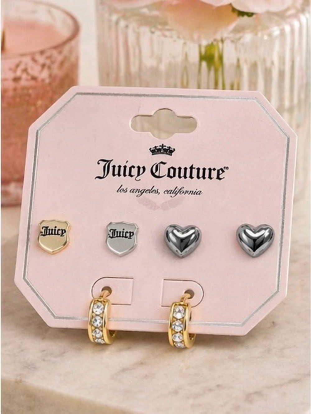 Juicy Couture Mixed Metal Stud & Hoop Earring Set Gold Silver Heart Crystal NWT